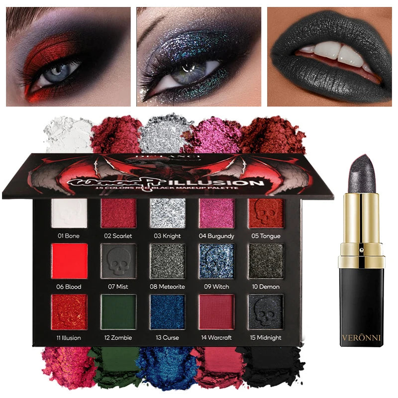 Paleta de Sombras de Ojos de 15 Colores y Lápiz Labial Negro