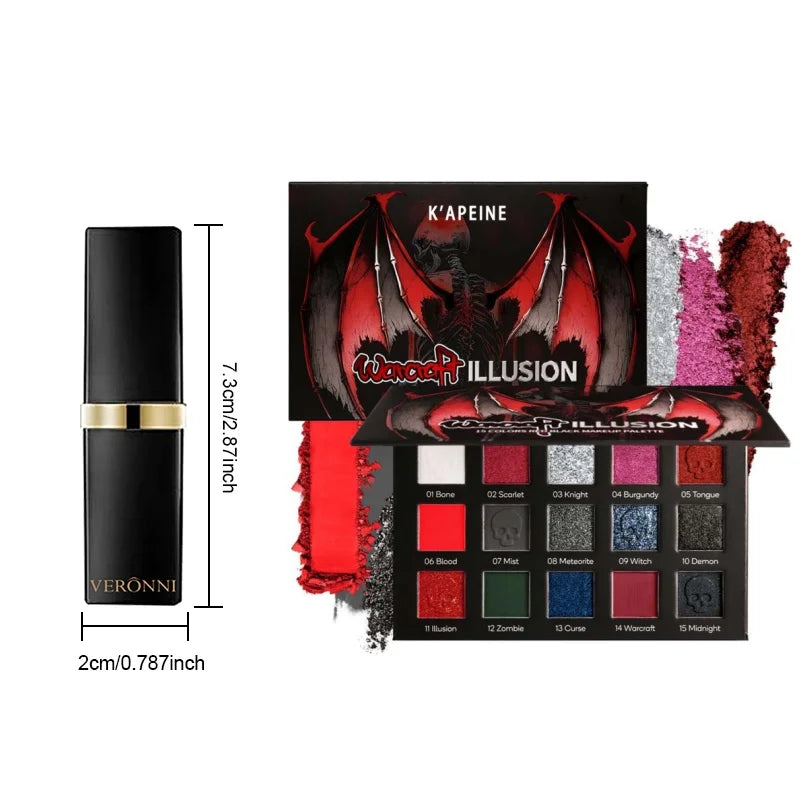Paleta de Sombras de Ojos de 15 Colores y Lápiz Labial Negro