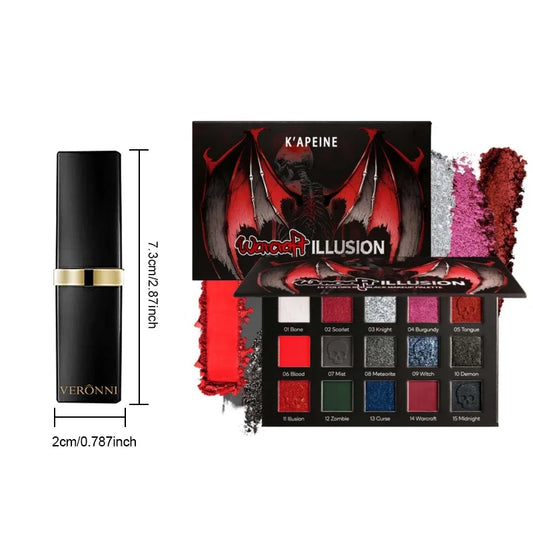 Paleta de Sombras de Ojos de 15 Colores y Lápiz Labial Negro