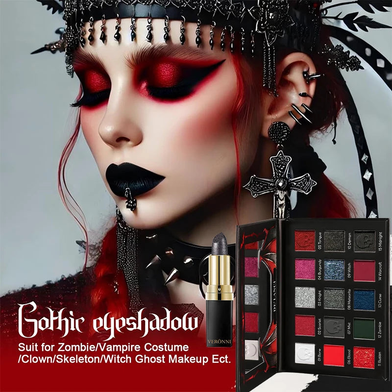 Paleta de Sombras de Ojos de 15 Colores y Lápiz Labial Negro